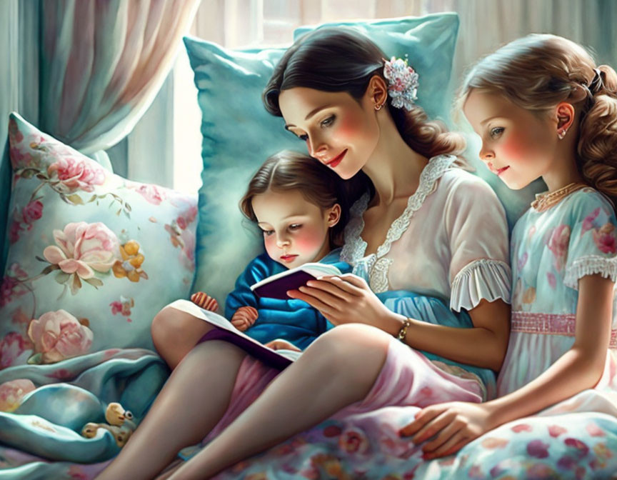 Woman and children reading book on couch with soft lighting and floral patterns