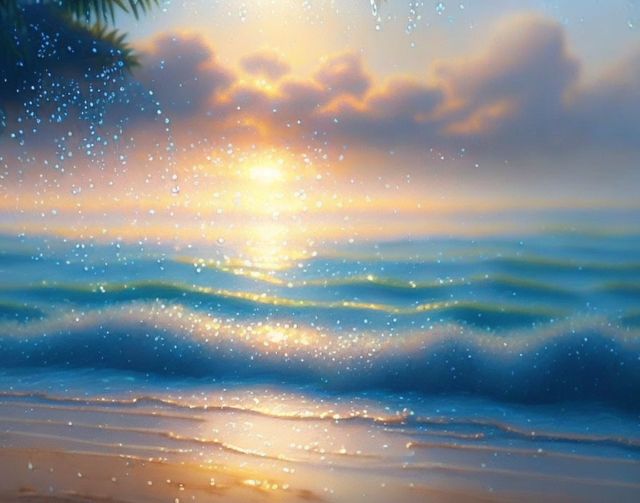 Colorful sunset beach illustration with golden hues and star-like sparkles.