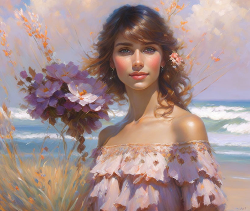 Portrait of a Woman in Pink Floral Dress with Wavy Brown Hair