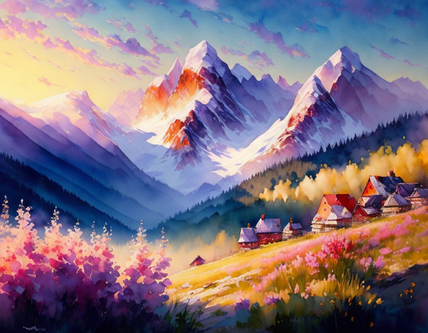 Serene village scene with colorful houses and snow-capped mountains