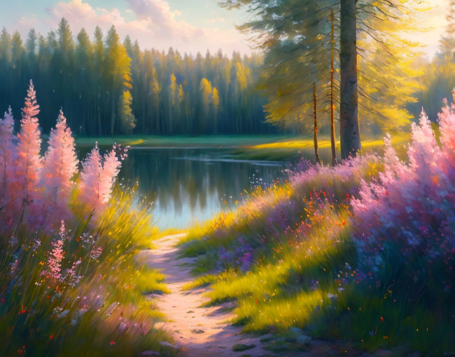 Tranquil forest scene: path to serene lake, lush trees, warm sunlight, vibrant wildflowers