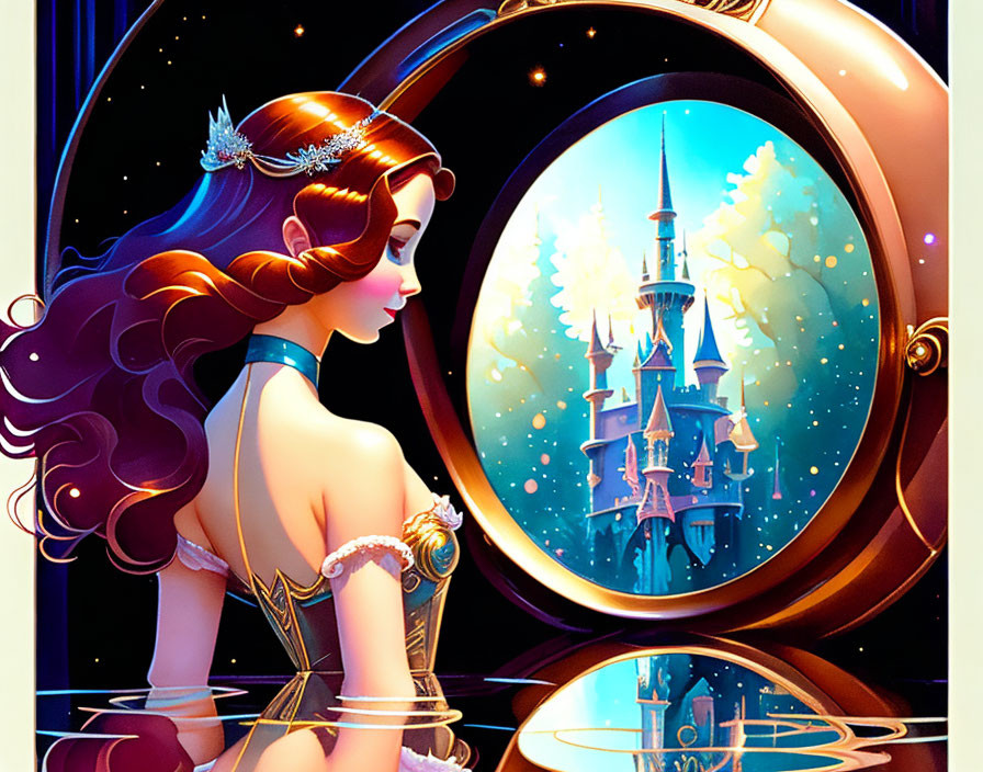 Princess illustration with tiara, brown hair, and castle reflection