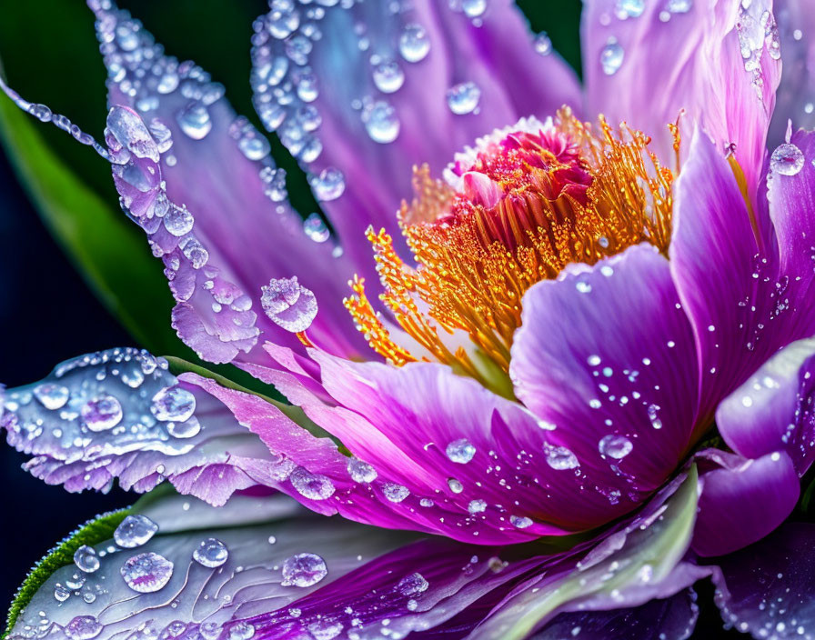 Vibrant pink peony with water droplets on dark background