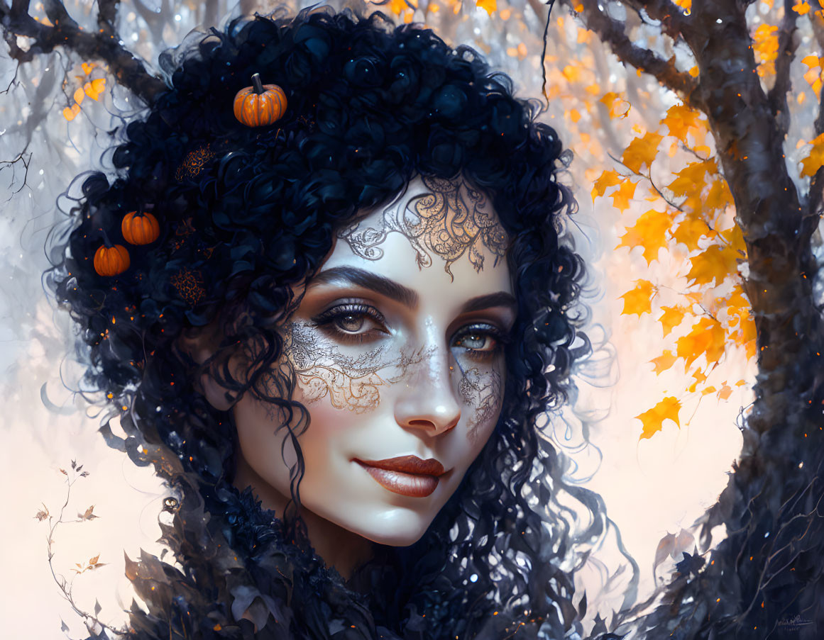 Woman with golden facial tattoos and black hair in autumn setting.