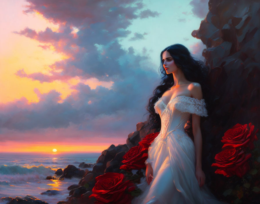 Woman in white dress by sea at sunset with vibrant clouds and red roses.