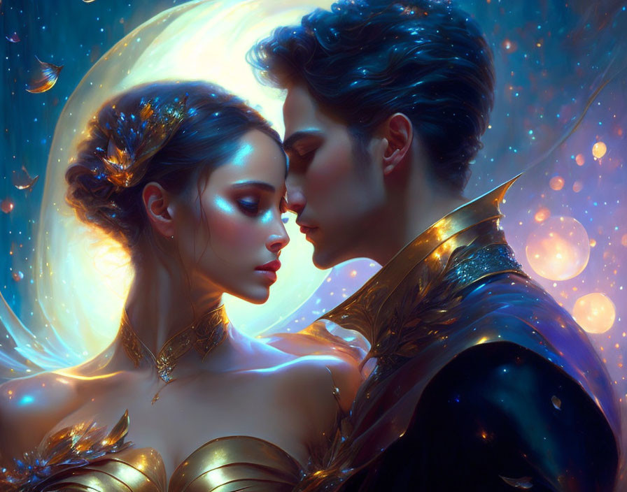 Romantic fantasy digital art: Man and woman in celestial attire against starry backdrop