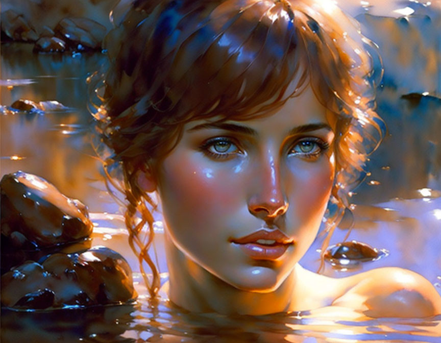 Digital painting: Woman with Blue Eyes in Water among Rocks