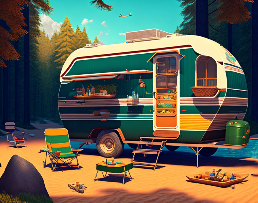 Vintage caravan by lake with chairs, grill, and lush forest scenery