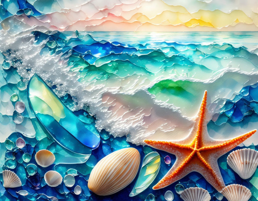 Vibrant sea shore artwork with waves, shells, starfish, and sea glass.