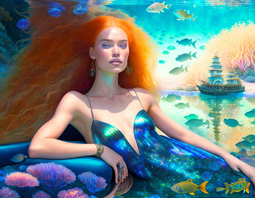 Red-Haired Woman in Mermaid Dress Underwater with Corals and Sunken Ship