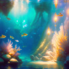 Underwater Scene with Floating Lanterns and Fish Amid Coral