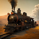 Vintage steam locomotive on tracks near reflective water at sunset.