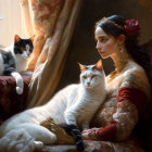 Vintage gown woman with two cats in luxurious room