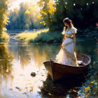 Woman in White Dress by Boat on Tranquil River surrounded by Lush Foliage