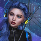 Cosmic-themed portrait of a serene woman with flowing galactic hair