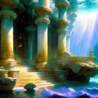 Sunlit underwater scene with golden pillars, sculptures, and swimming fish in serene blue environment