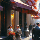 Parisian Street Painting with Pedestrians, Flowers, Street Lamps, and Eiffel Tower