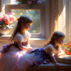 Three Young Girls in Elegant Dresses Sitting by Window with Flowers