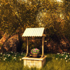 Stone well with wooden roof in lush garden scenery