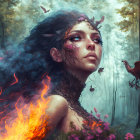 Fantasy portrait of a woman with fire, flowers, and bird in misty forest