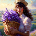 Brown-haired woman in vintage dress with basket of purple flowers in sunlit meadow