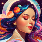 Cosmic-themed surreal portrait of a woman with galaxy hair and space elements