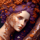 Digital artwork: Woman with purple hair and orange flowers on dark background