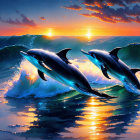 Vibrant sunset scene: Dolphins leaping over ocean waves