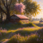 Scenic landscape with purple flower field, pink tree, river, and golden sunlight