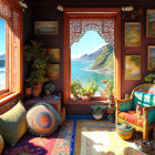 Vibrant cushions, comfy chair, ornate windows, colorful rugs, plants, coastal view.