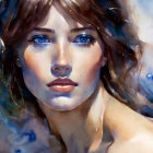 Portrait of a Woman with Intense Blue Eyes in Watercolor