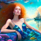 Red-Haired Woman in Mermaid Dress Underwater with Corals and Sunken Ship