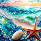 Vibrant sea shore artwork with waves, shells, starfish, and sea glass.