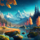 Serene fantasy landscape with river, autumnal trees, mountains, blue sky