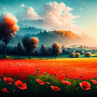 Scenic landscape with red poppies and green trees under sunny sky