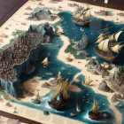 Fantasy 3D nautical map: raised mountains, sailing ships, and fortified city.