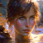 Digital painting: Woman with Blue Eyes in Water among Rocks