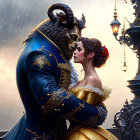 Beast-headed man dances with woman in golden gown amid falling snowflakes