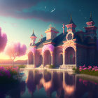 Fantastical glowing buildings reflected in calm waters with pink trees and butterflies under a radiant sky.