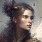 Fantasy portrait of woman with ethereal wings and floral headpiece