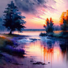 Serene lakeside sunset painting with colorful foliage and birds