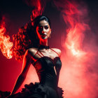 Woman in Black Gown with Red Swirling Fabric on Dark Background