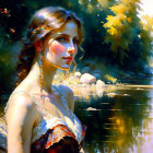 Woman with floral crown contemplating by river in sunny forest landscape