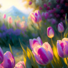 Pink and White Tulip Garden with Sunlight and Mountain View