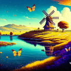 Scenic sunset landscape with windmills, river, flowers, and butterflies