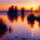 Tranquil lake reflecting vivid sunset hues and tree silhouettes in purple-orange sky