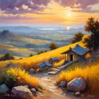 Tranquil sunset landscape with stone path, small houses, and golden fields