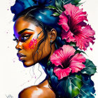 Vibrant Blue Hair Woman with Pink Flowers and Artistic Splatters