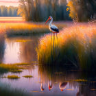 Tranquil wetland dusk scene with stork and glowing reeds