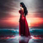 Woman in red dress on water with floating roses under surreal sunset sky